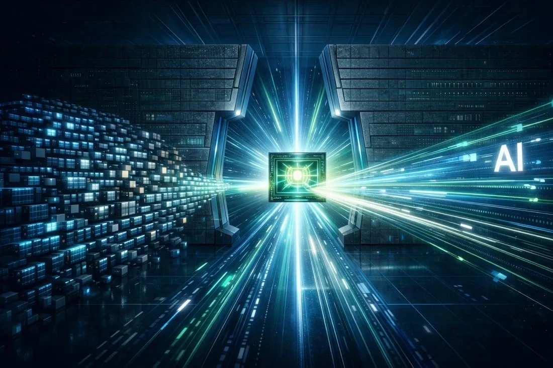 The memory wall: AI compute on the left congested by latency, SimplEx breaking through to deliver smooth data flow on the right